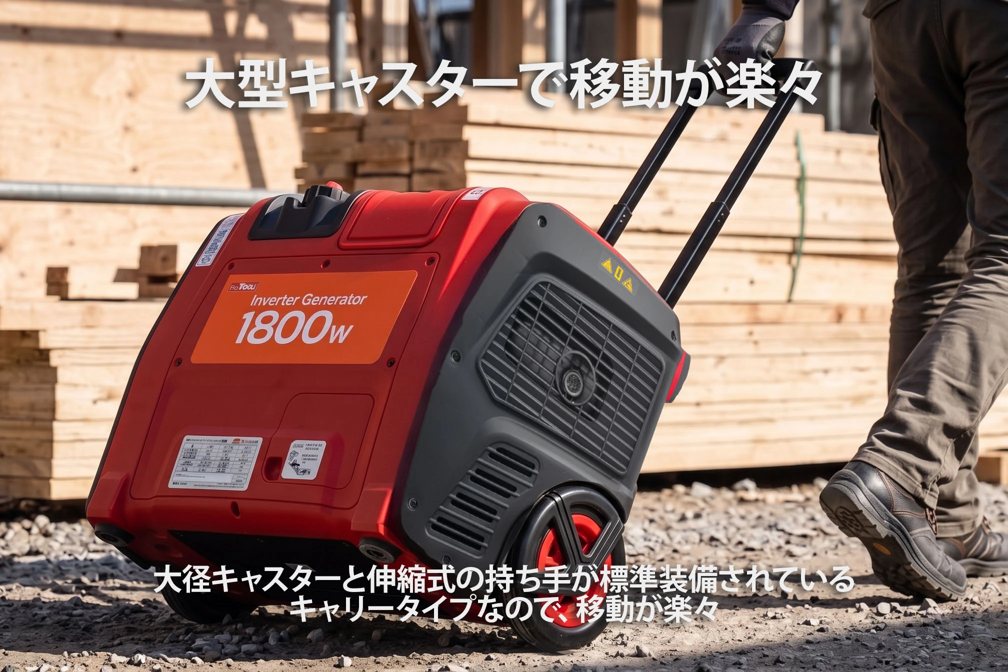 大型車輪と伸縮式ハンドルによる発電機の移動
